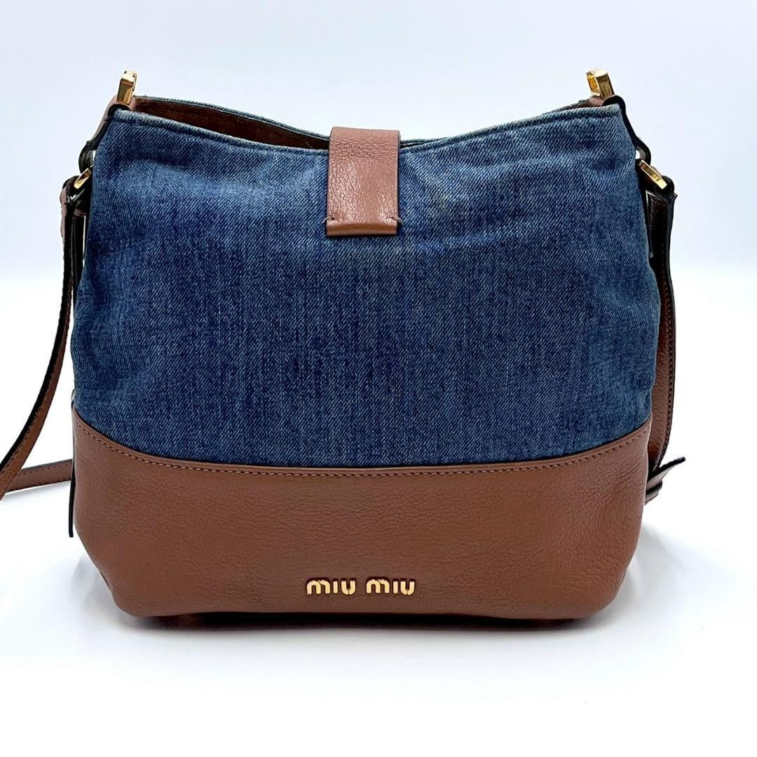 MIU MIU Shoulder Bag Purse Logo Denim Leather Indigo Blue Brown Authentic