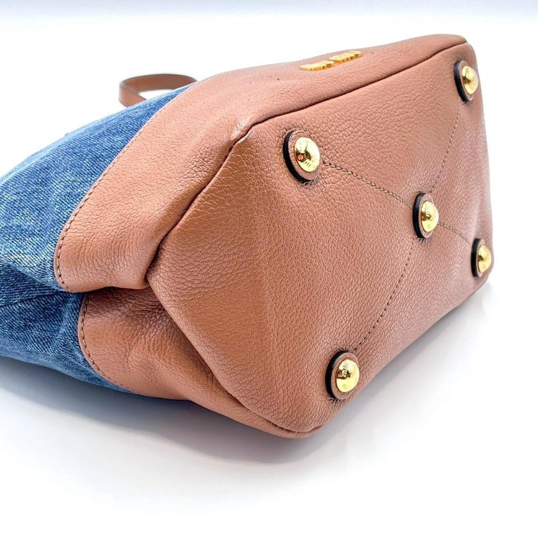 MIU MIU Shoulder Bag Purse Logo Denim Leather Indigo Blue Brown Authentic