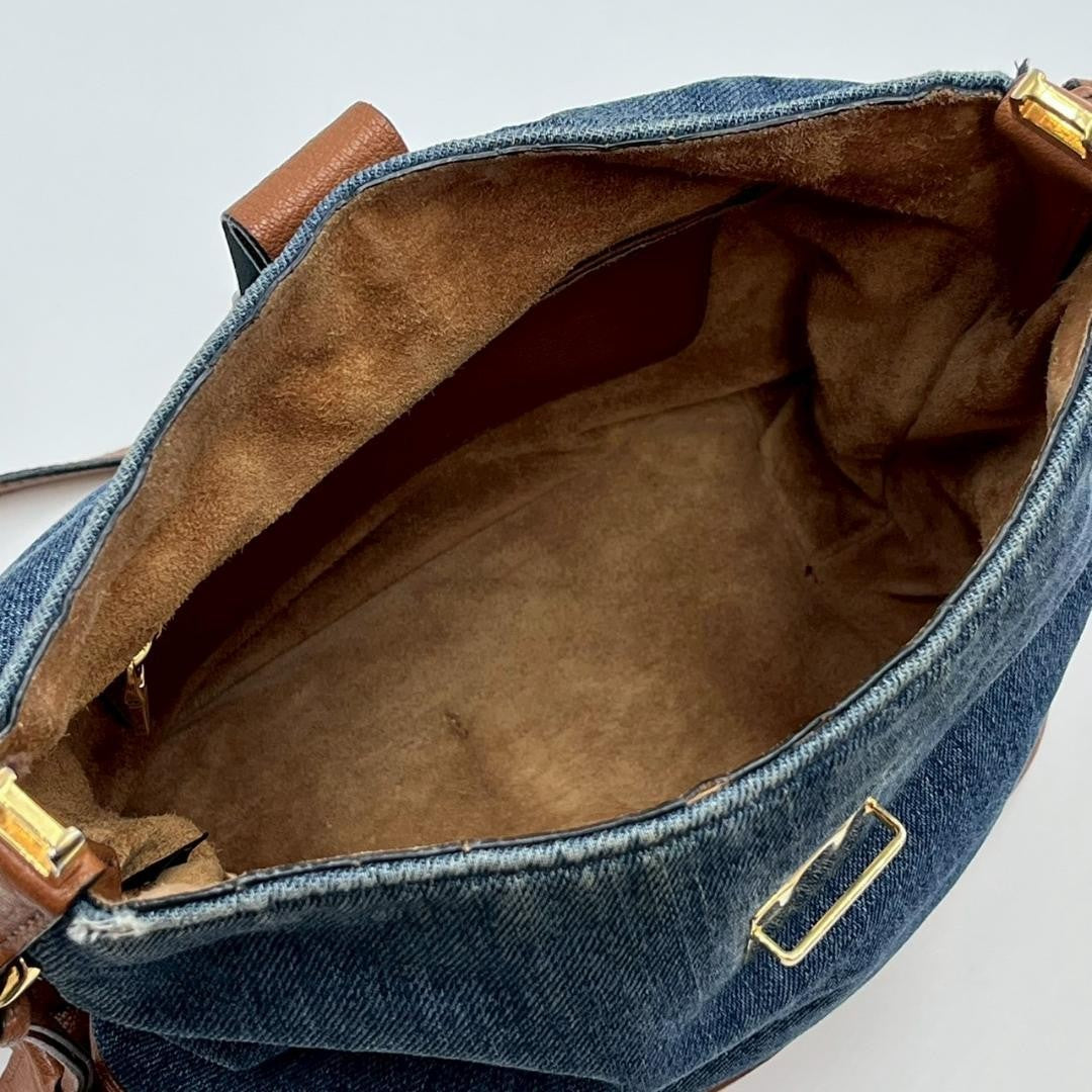 MIU MIU Shoulder Bag Purse Logo Denim Leather Indigo Blue Brown Authentic