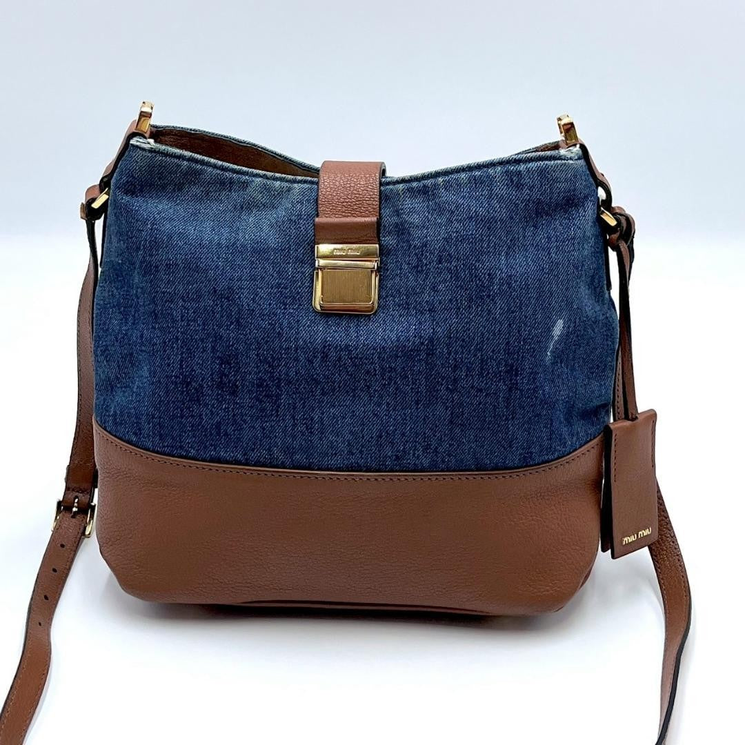 MIU MIU Shoulder Bag Purse Logo Denim Leather Indigo Blue Brown Authentic