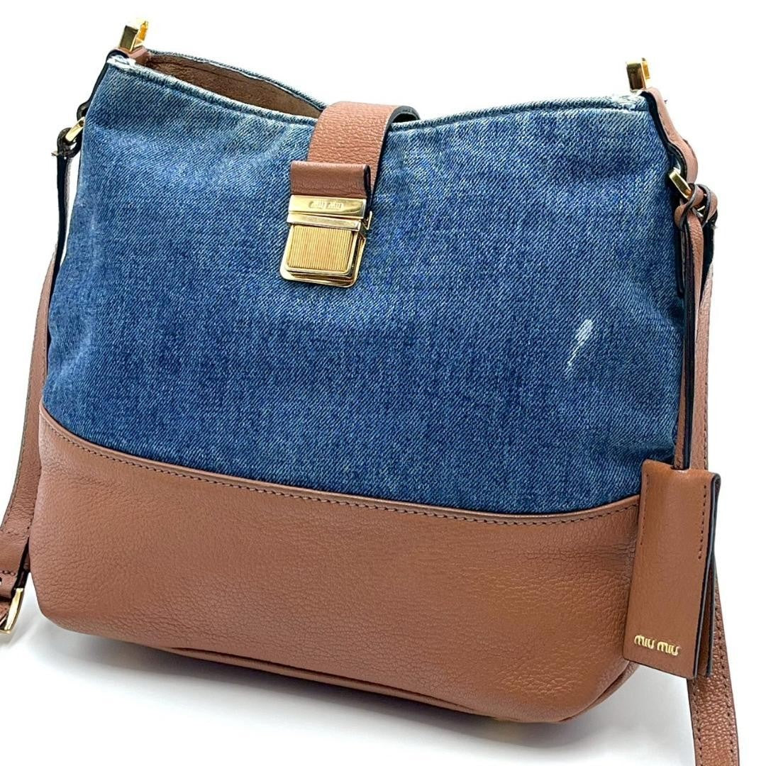 MIU MIU Shoulder Bag Purse Logo Denim Leather Indigo Blue Brown Authentic