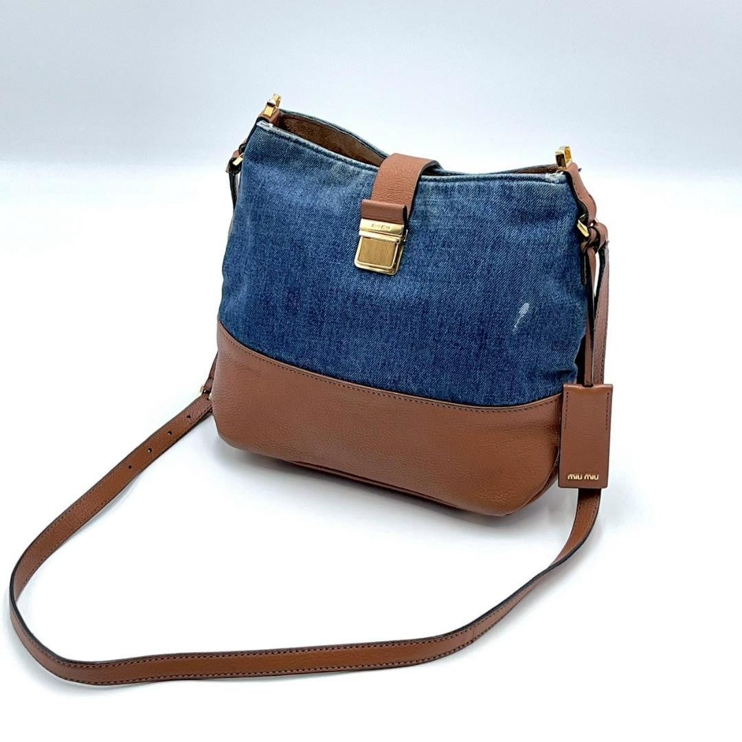 MIU MIU Shoulder Bag Purse Logo Denim Leather Indigo Blue Brown Authentic
