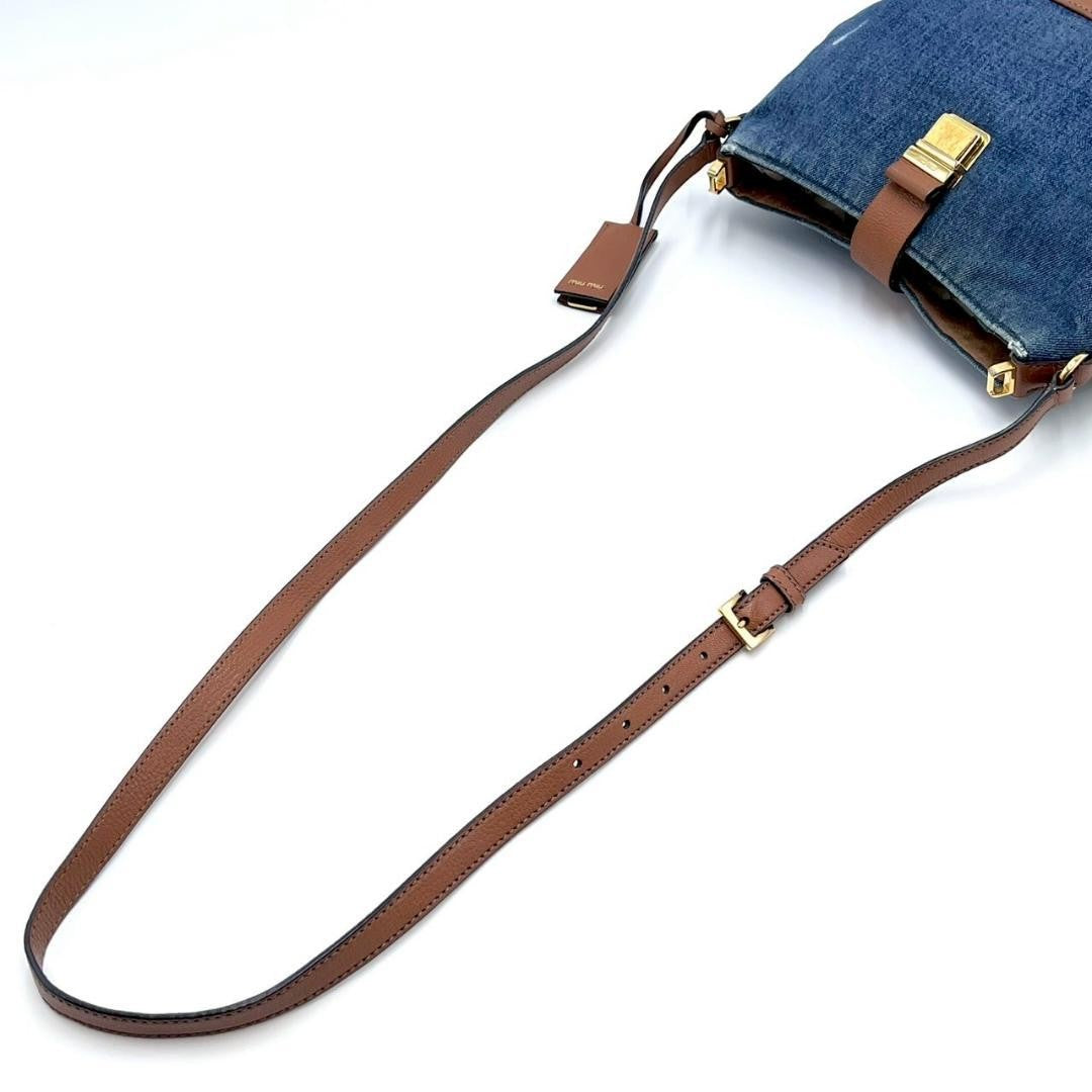 MIU MIU Shoulder Bag Purse Logo Denim Leather Indigo Blue Brown Authentic