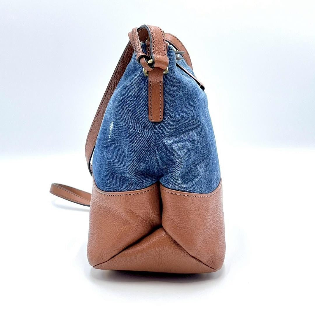 MIU MIU Shoulder Bag Purse Logo Denim Leather Indigo Blue Brown Authentic