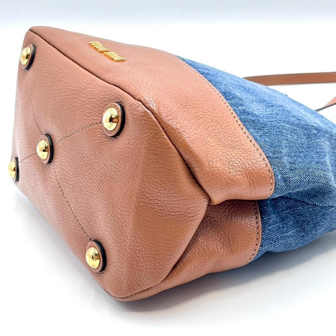 MIU MIU Shoulder Bag Purse Logo Denim Leather Indigo Blue Brown Authentic