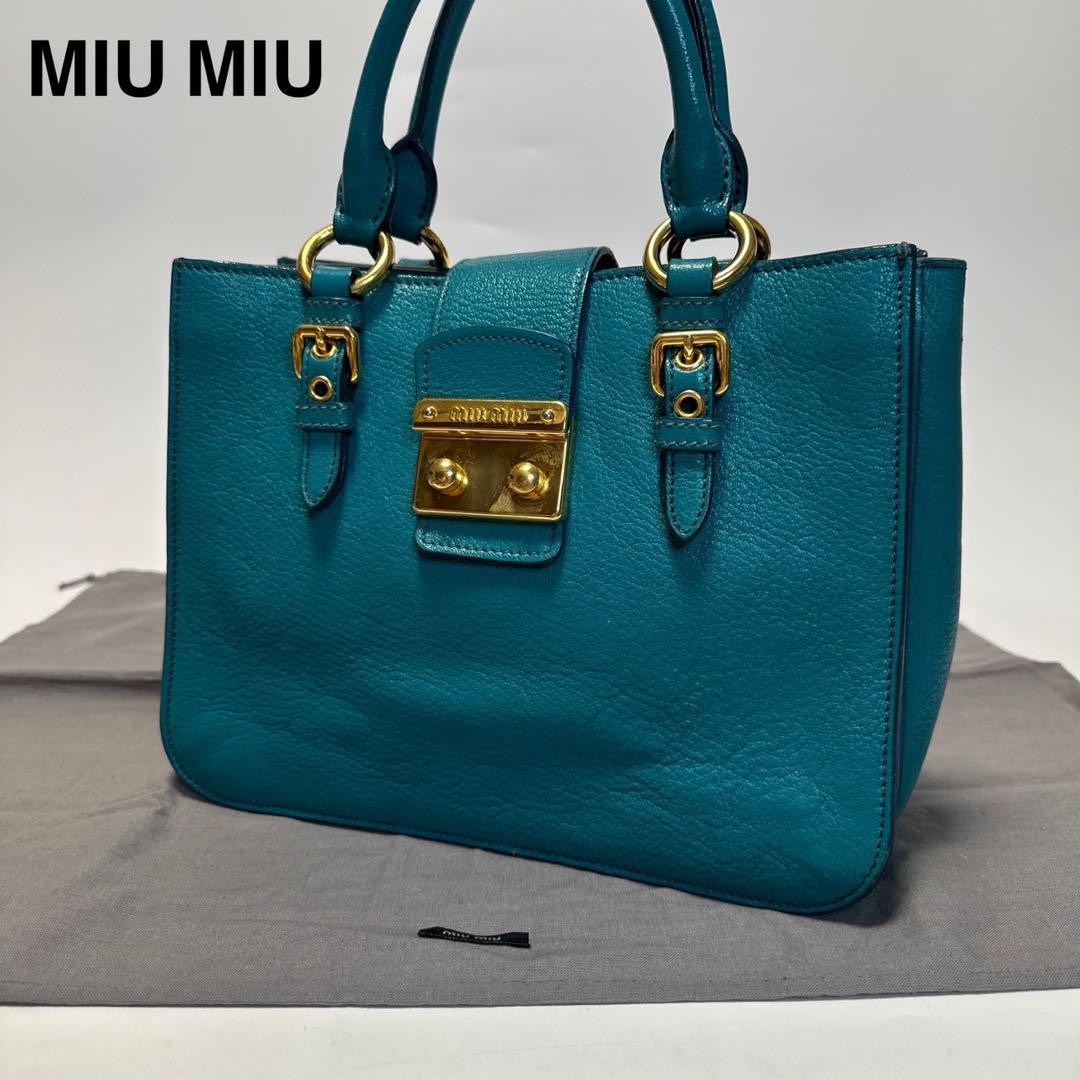MIU MIU Hand Bag Tote Purse Logo Leather Green Blue Authentic