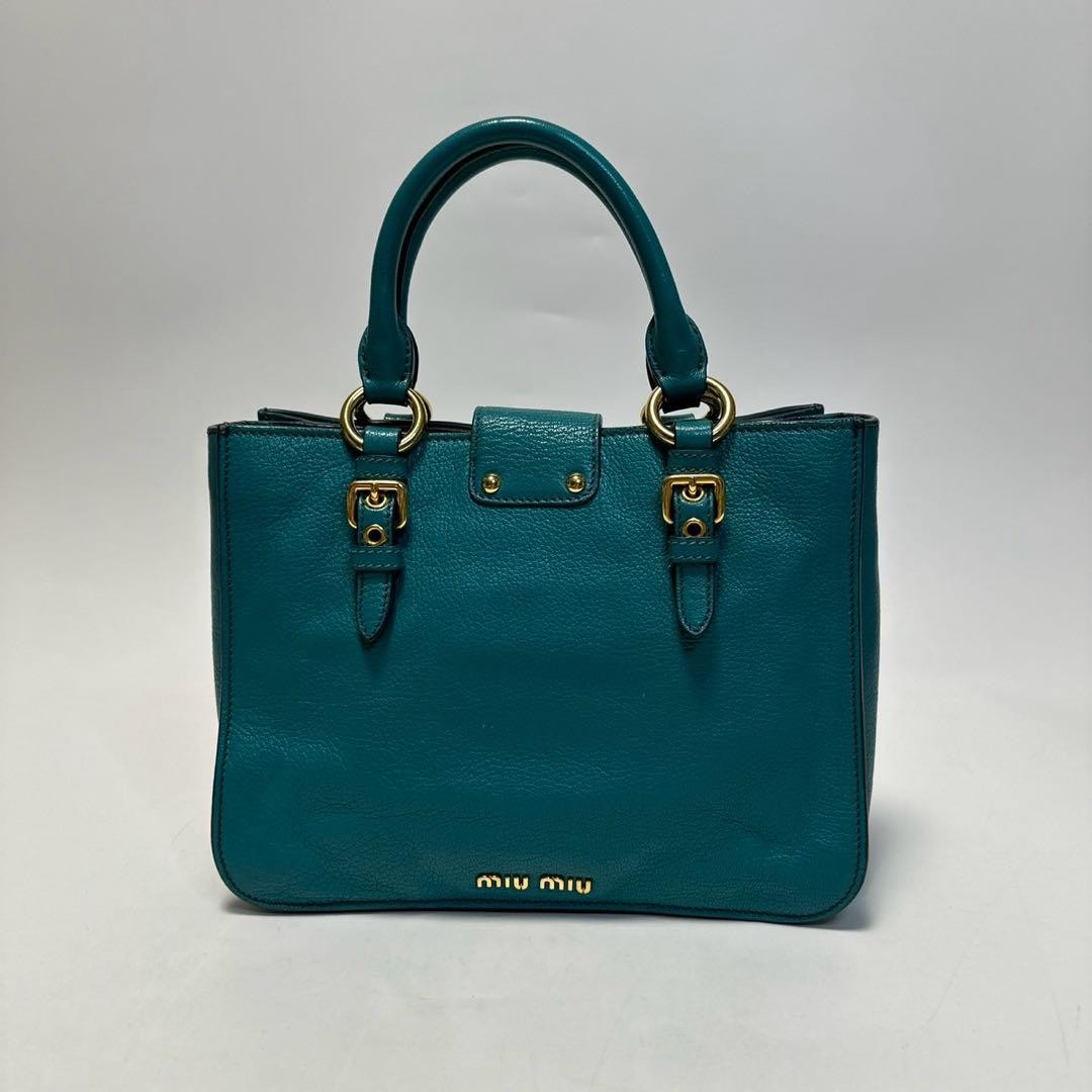MIU MIU Hand Bag Tote Purse Logo Leather Green Blue Authentic