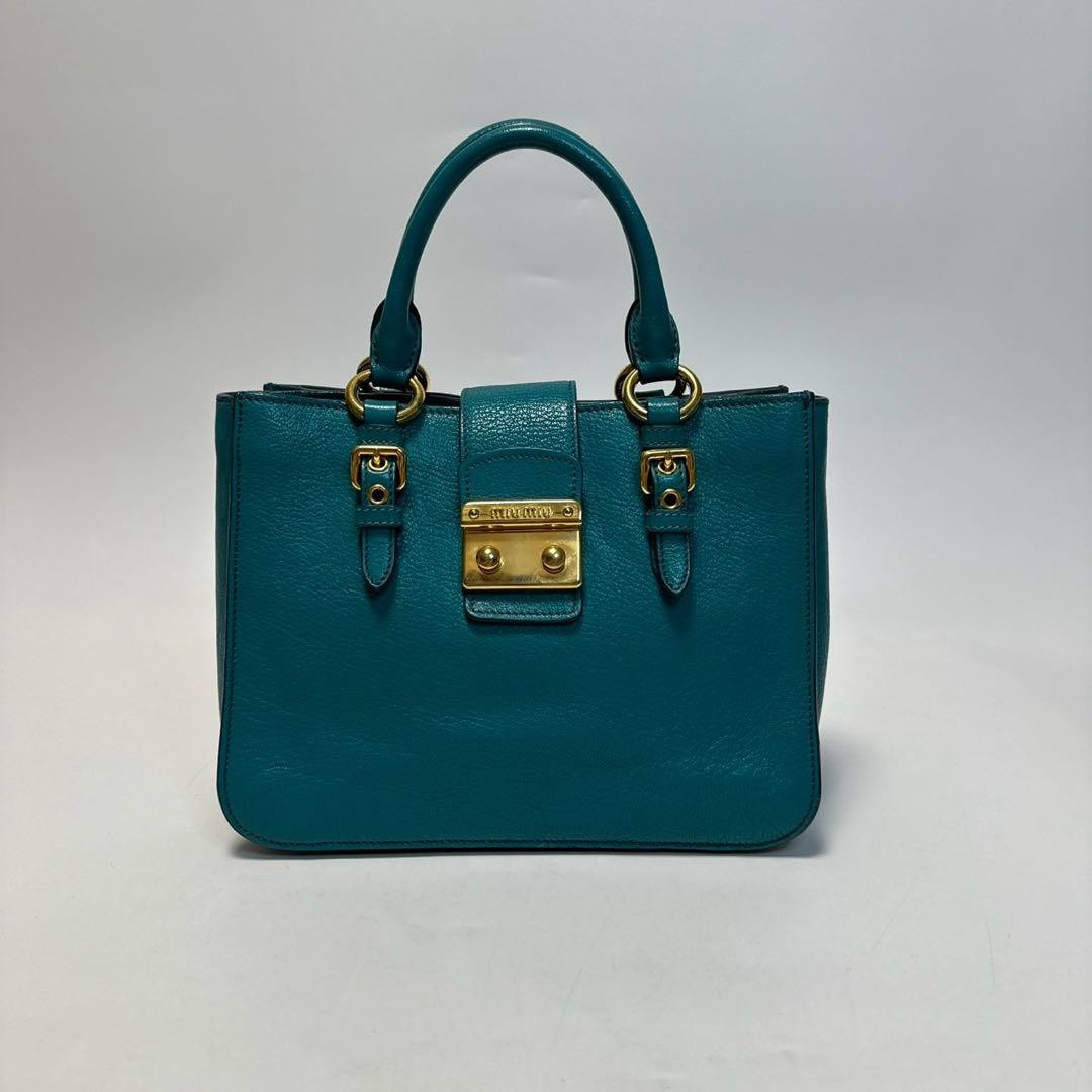 MIU MIU Hand Bag Tote Purse Logo Leather Green Blue Authentic