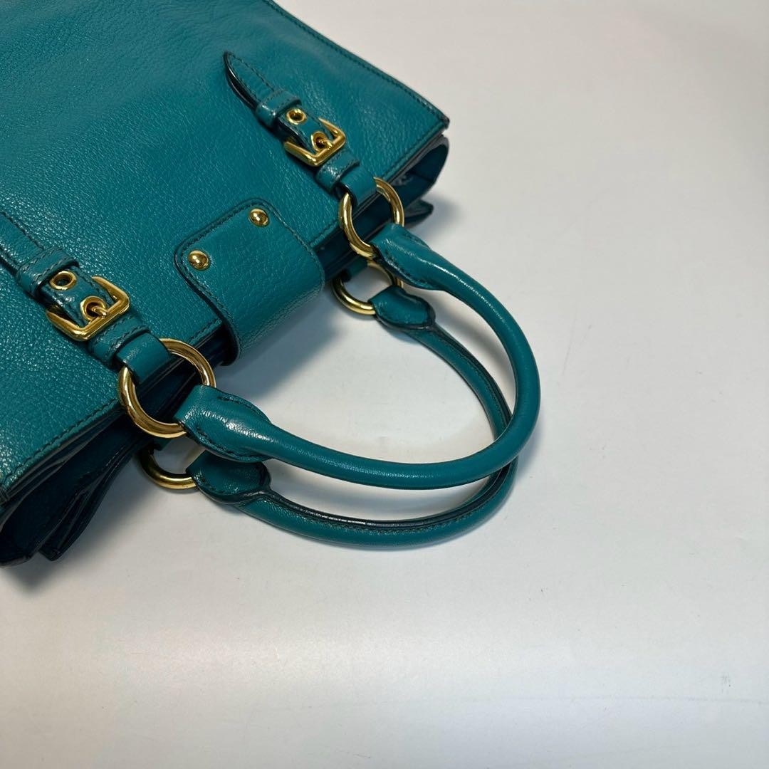 MIU MIU Hand Bag Tote Purse Logo Leather Green Blue Authentic