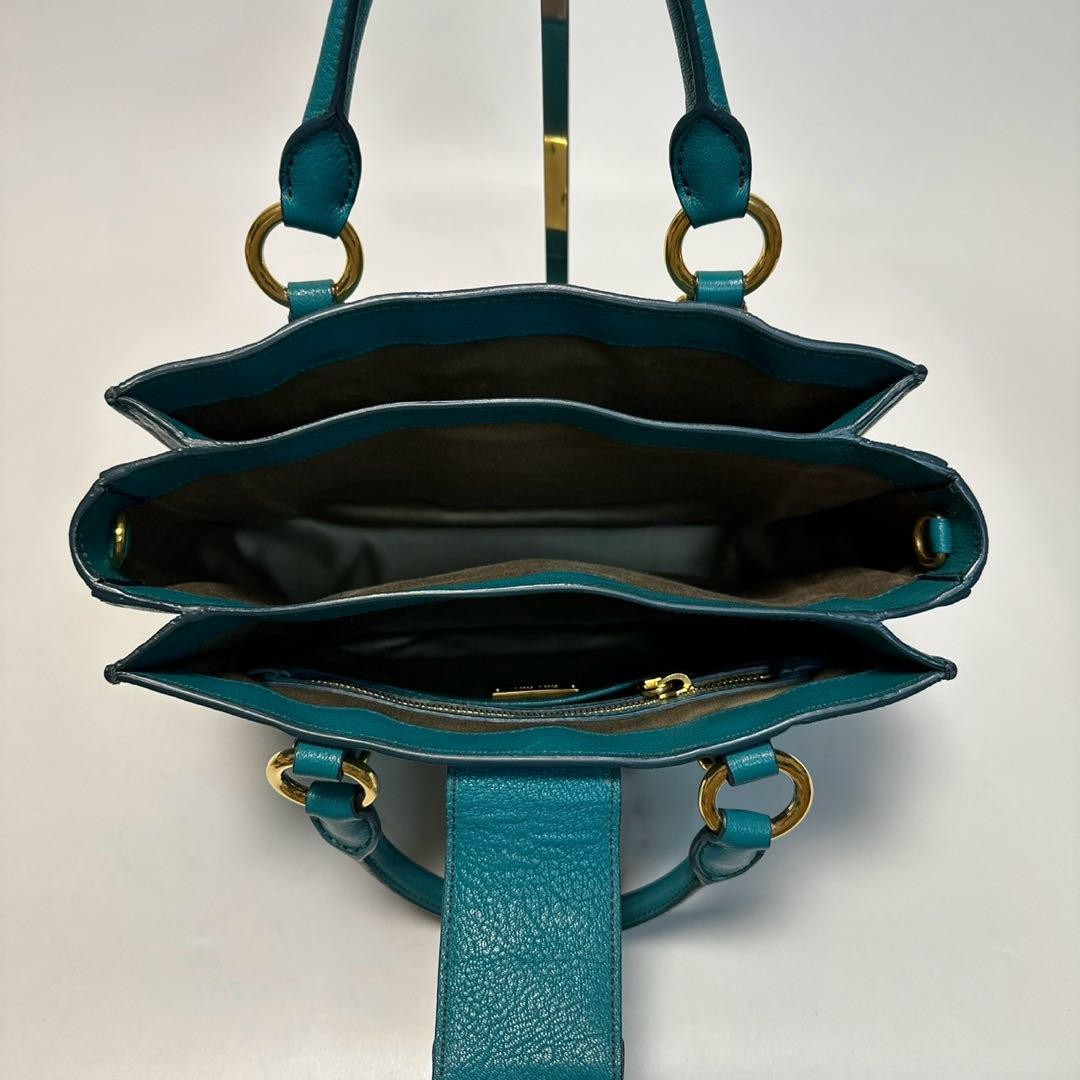 MIU MIU Hand Bag Tote Purse Logo Leather Green Blue Authentic