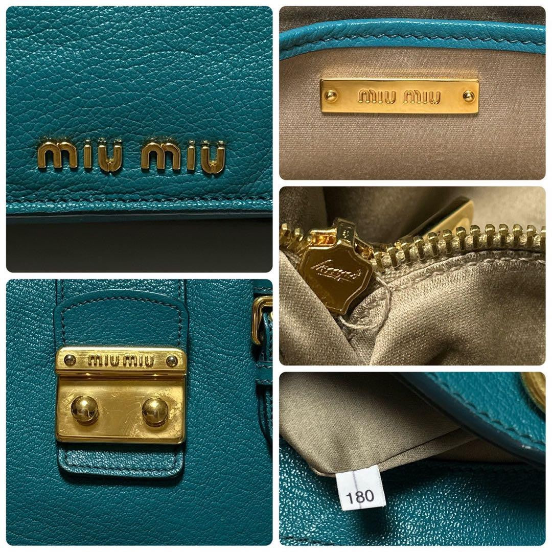 MIU MIU Hand Bag Tote Purse Logo Leather Green Blue Authentic