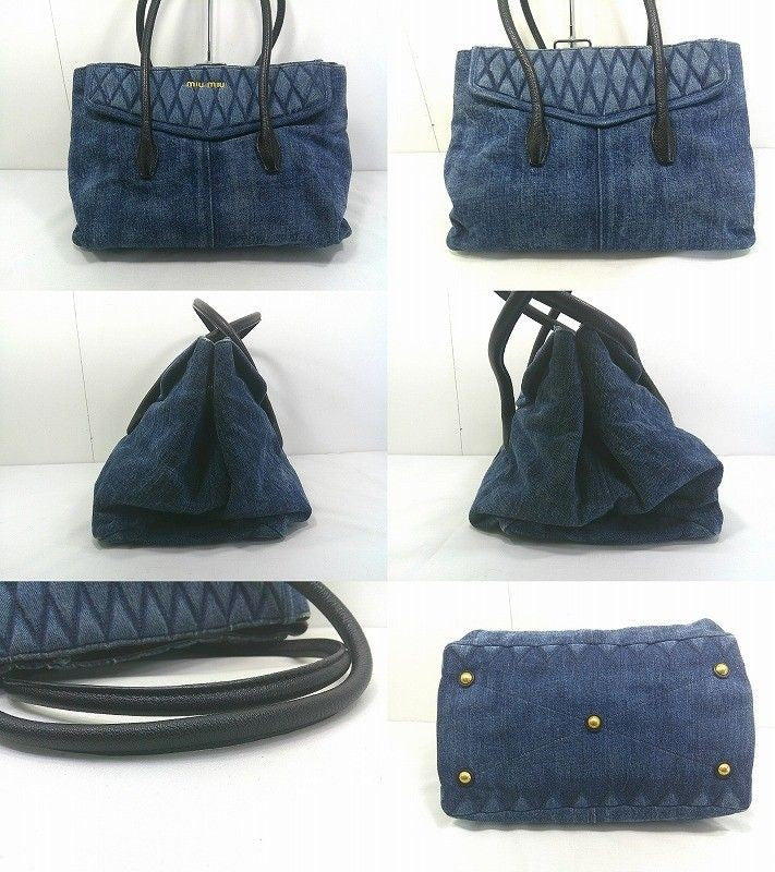 MIU MIU Hand Bag Tote Purse Logo MATELASSE Denim Authentic