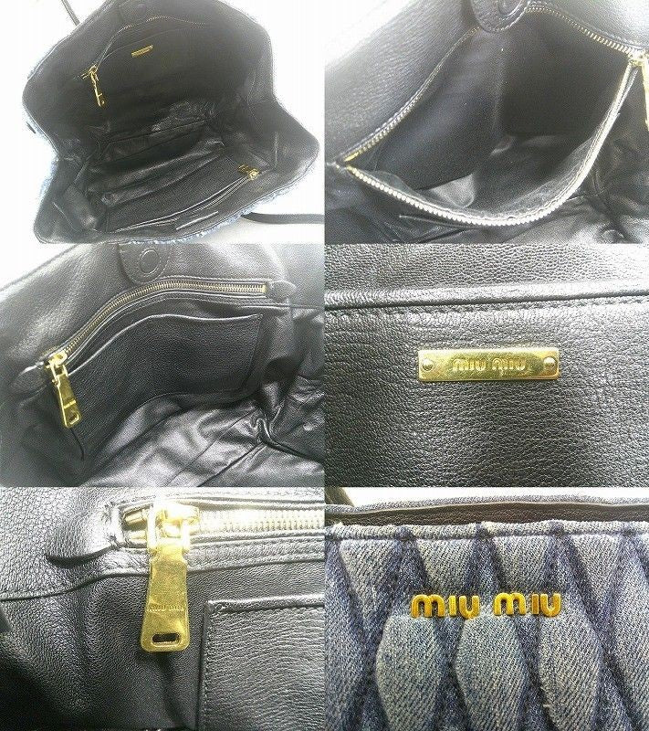 MIU MIU Hand Bag Tote Purse Logo MATELASSE Denim Authentic