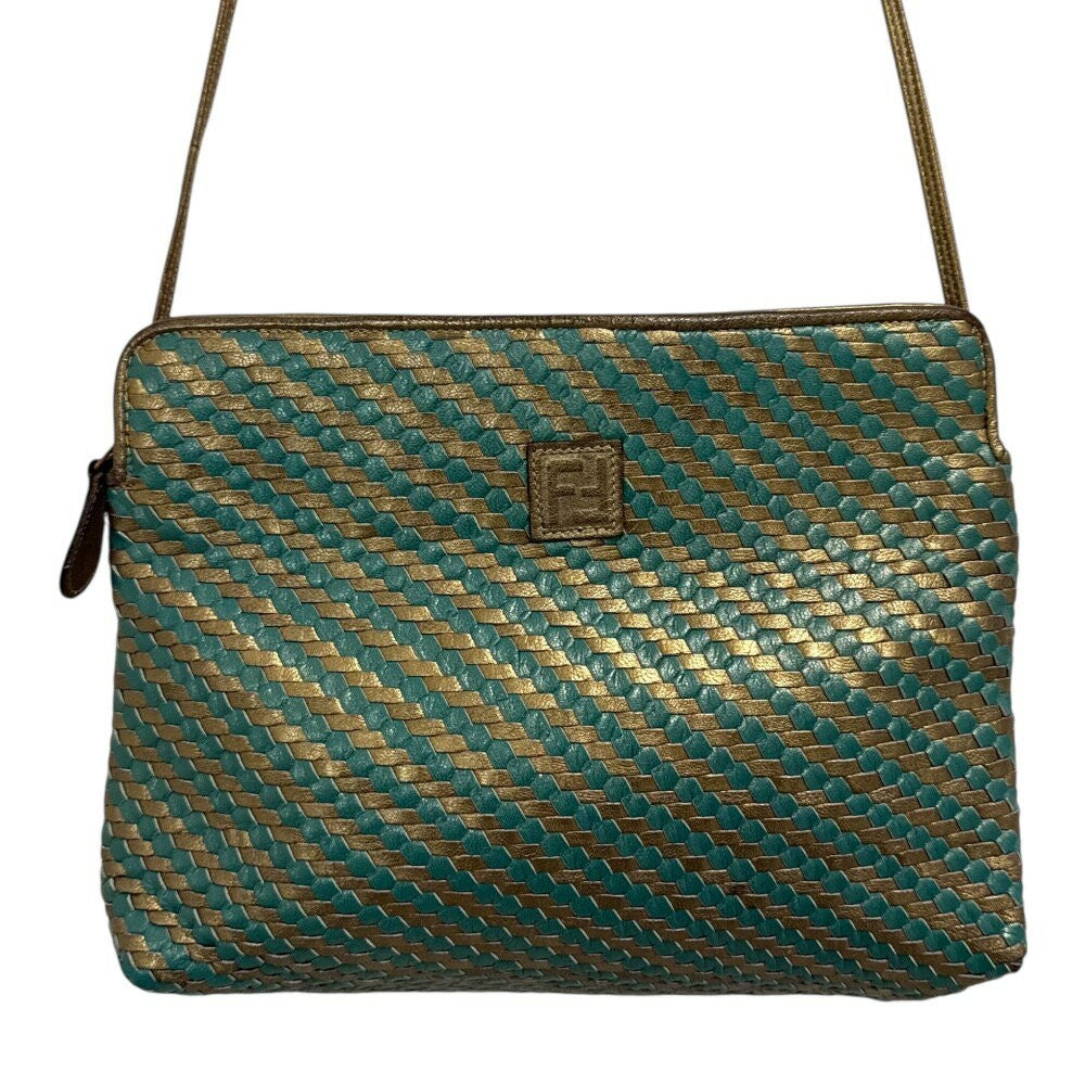FENDI Shoulder Bag Purse FF Leather Green Gold Authentic