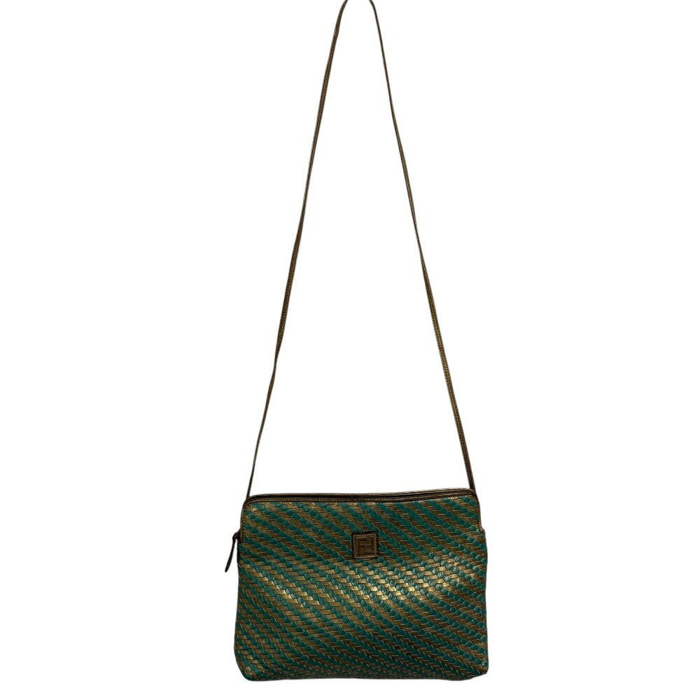 FENDI Shoulder Bag Purse FF Leather Green Gold Authentic