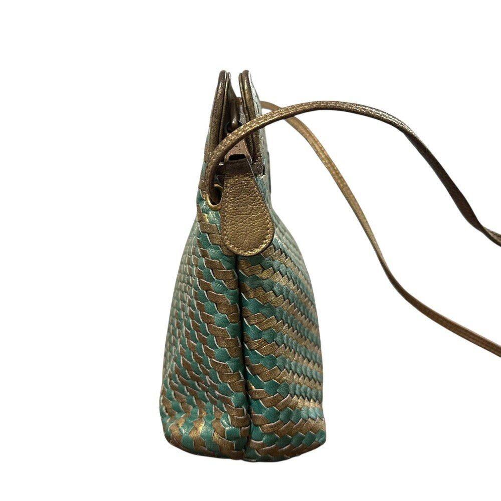 FENDI Shoulder Bag Purse FF Leather Green Gold Authentic