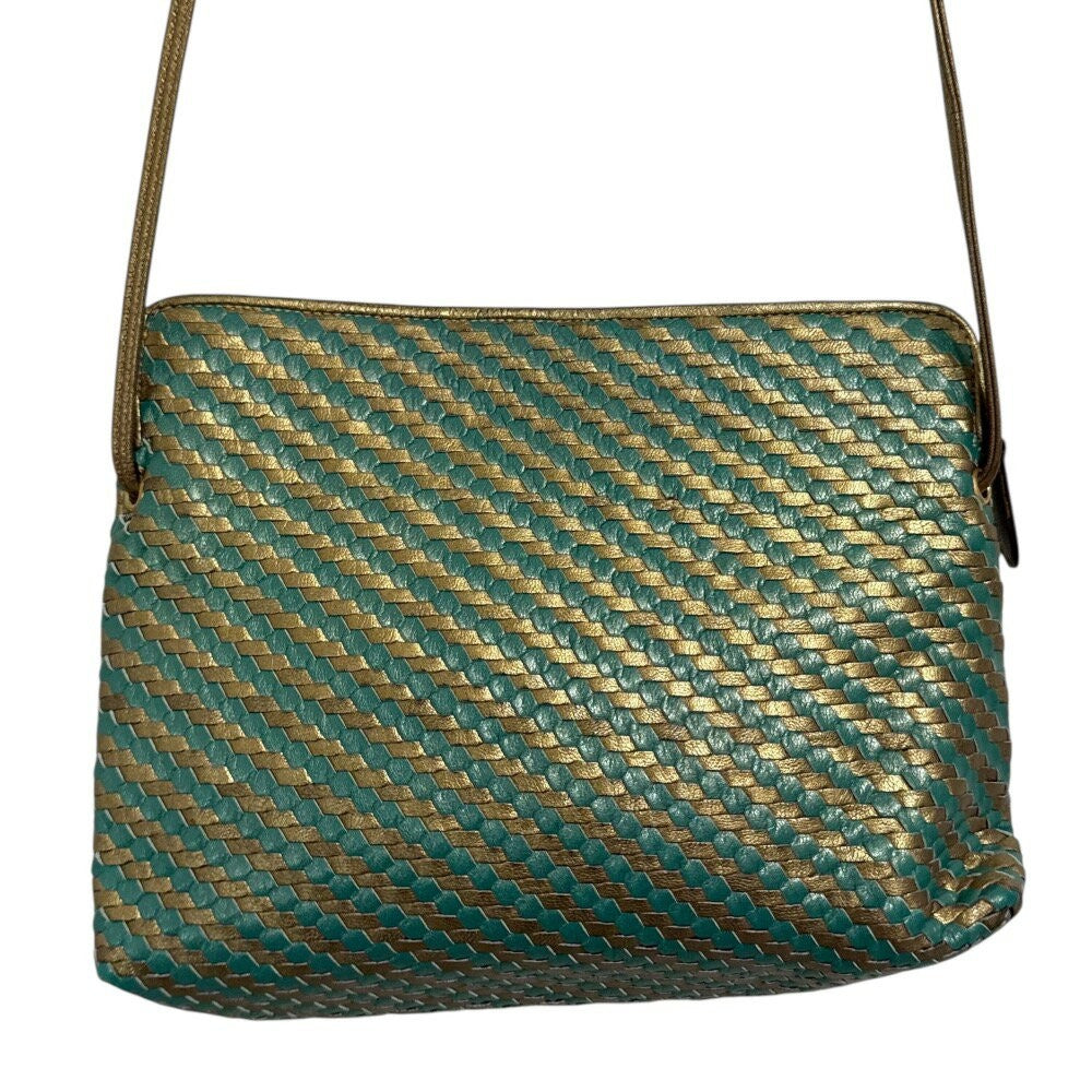FENDI Shoulder Bag Purse FF Leather Green Gold Authentic
