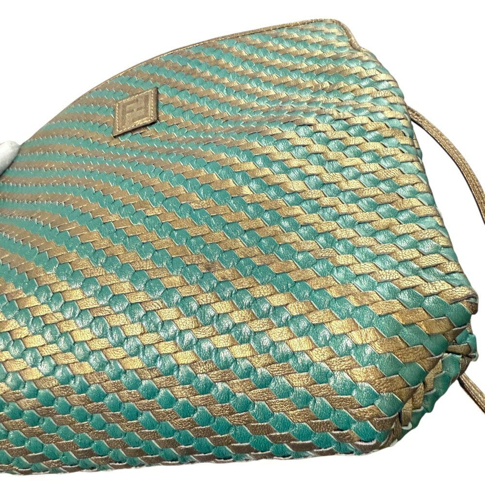 FENDI Shoulder Bag Purse FF Leather Green Gold Authentic