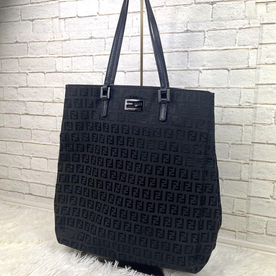 FENDI Hand Bag Tote Purse FF Zucchino Canvas Cotton Black Authentic
