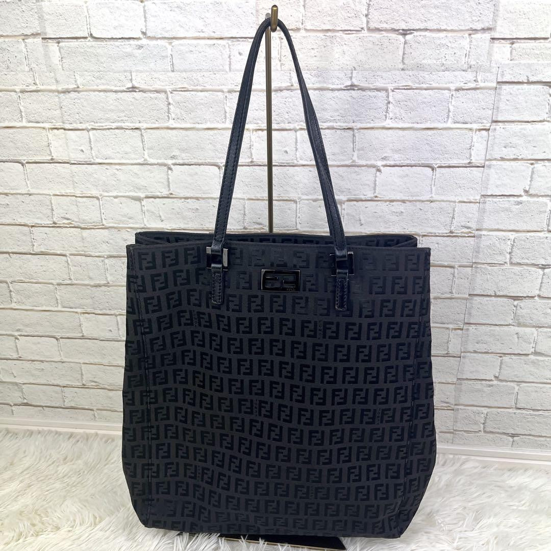 FENDI Hand Bag Tote Purse FF Zucchino Canvas Cotton Black Authentic