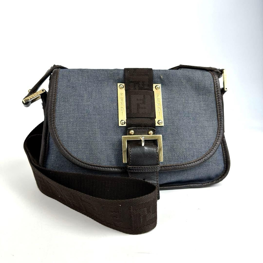 FENDI Shoulder Bag Purse FF Zucca Denim Leather Indigo Blue Dark Brown Authentic