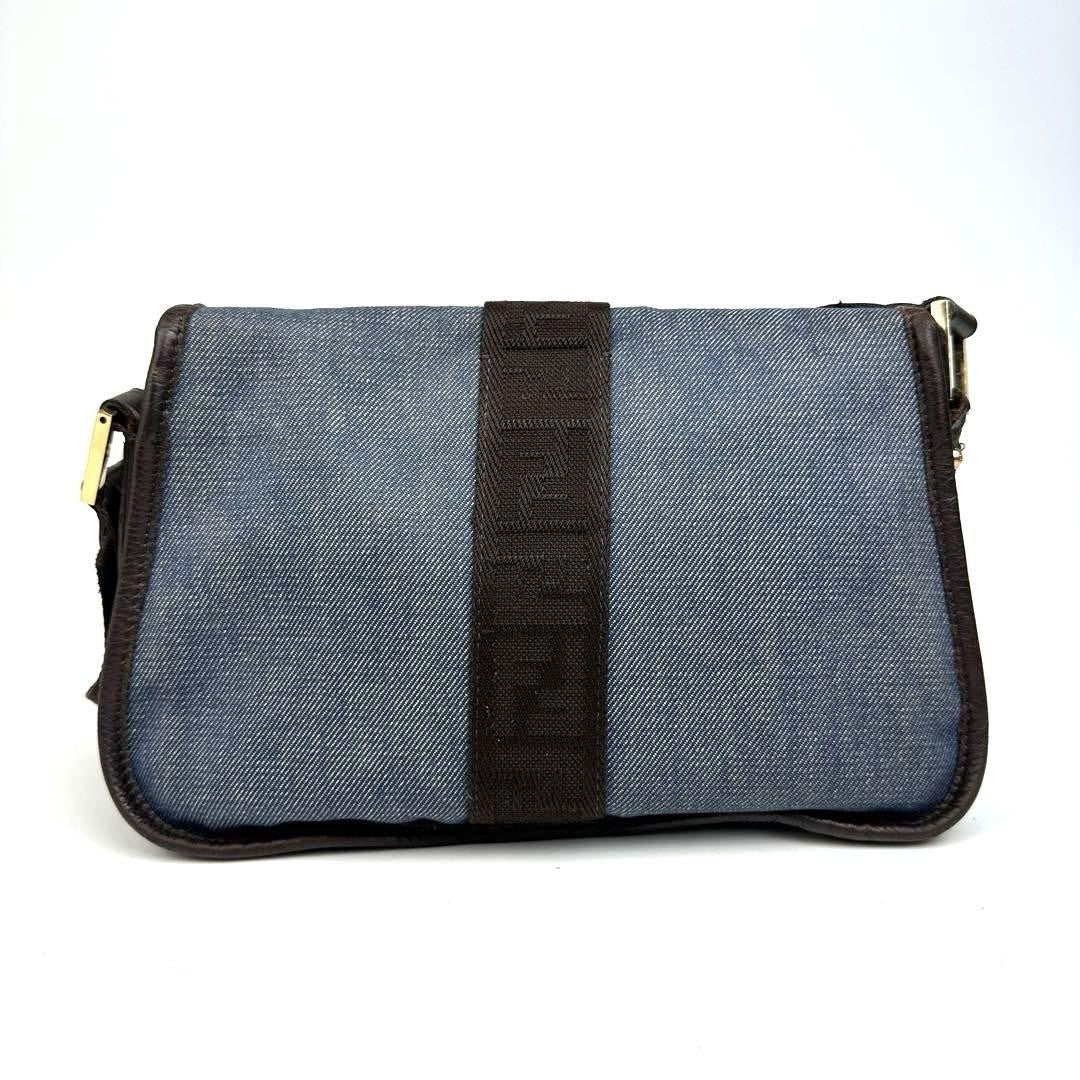 FENDI Shoulder Bag Purse FF Zucca Denim Leather Indigo Blue Dark Brown Authentic
