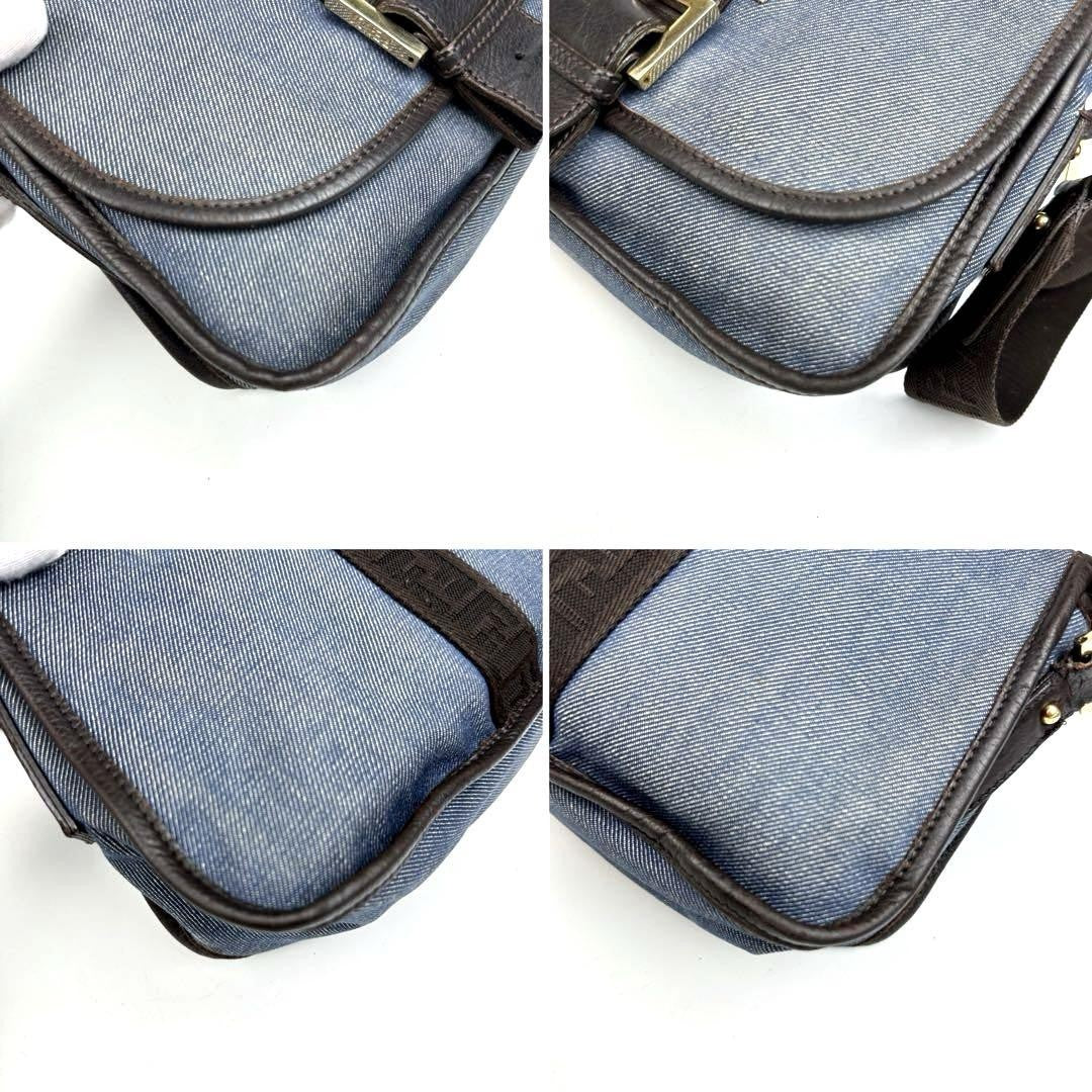 FENDI Shoulder Bag Purse FF Zucca Denim Leather Indigo Blue Dark Brown Authentic
