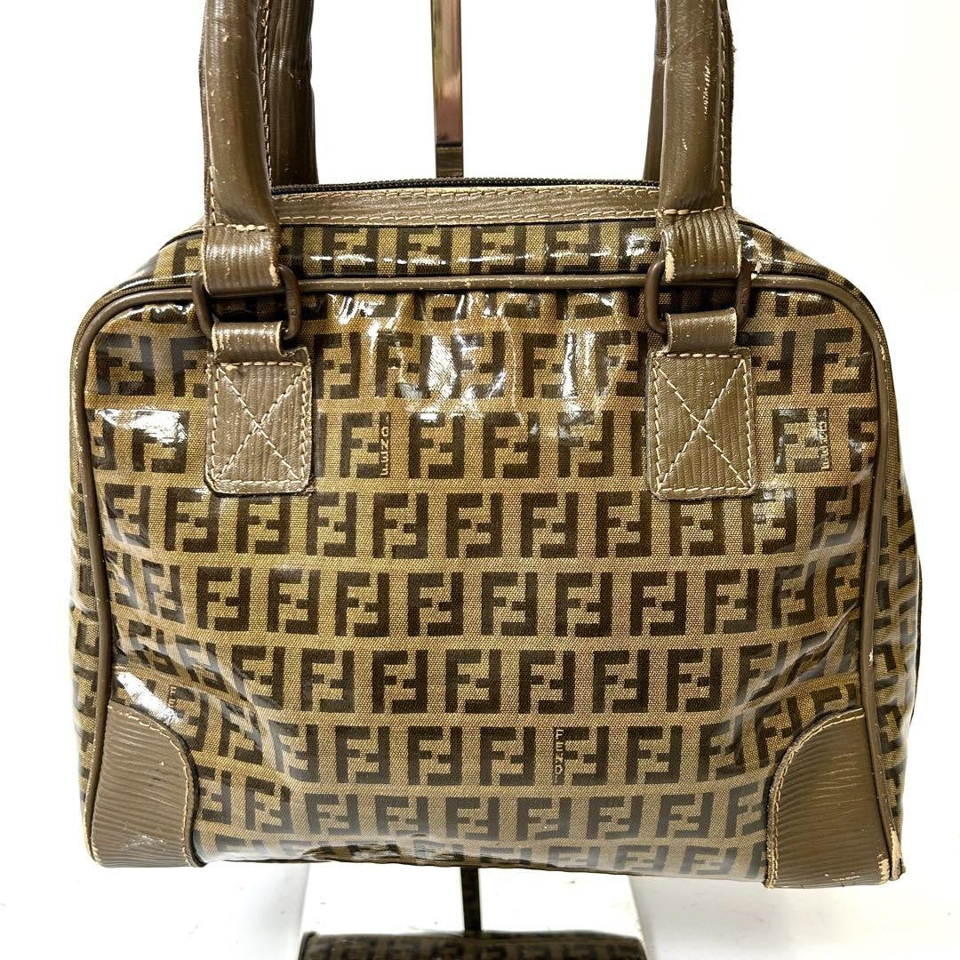 FENDI Hand Bag Tote Purse FF Zucchino Patent Leather Brown Authentic