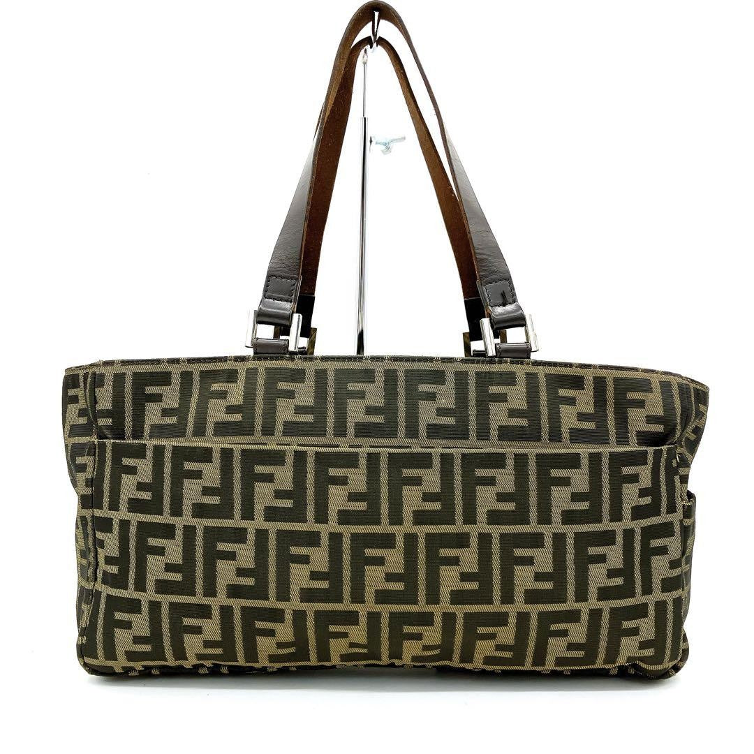 FENDI Hand Bag Tote Purse FF Zucca Nylon Leather Brown Authentic