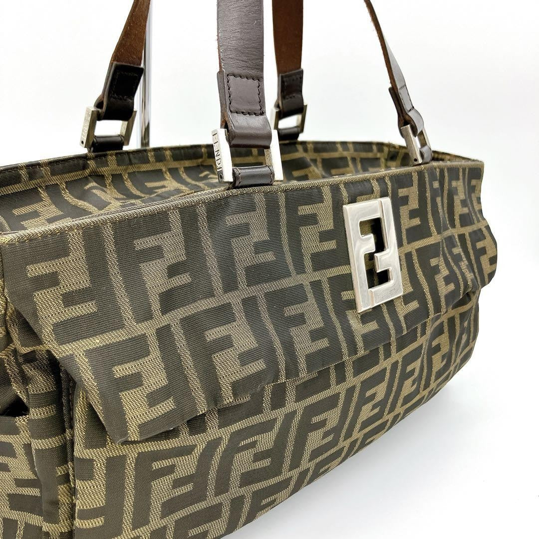 FENDI Hand Bag Tote Purse FF Zucca Nylon Leather Brown Authentic