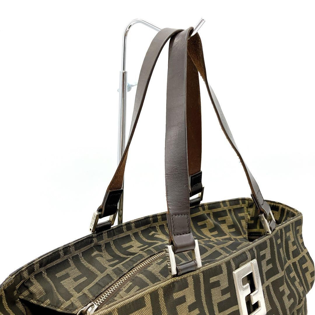 FENDI Hand Bag Tote Purse FF Zucca Nylon Leather Brown Authentic