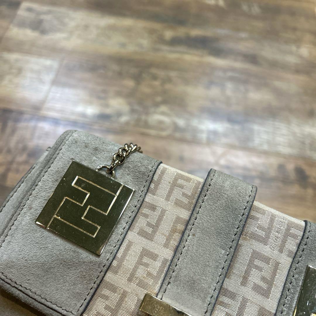 FENDI Hand Bag Tote Purse FF Zucca Zucchino Suede Gray Beige Authentic