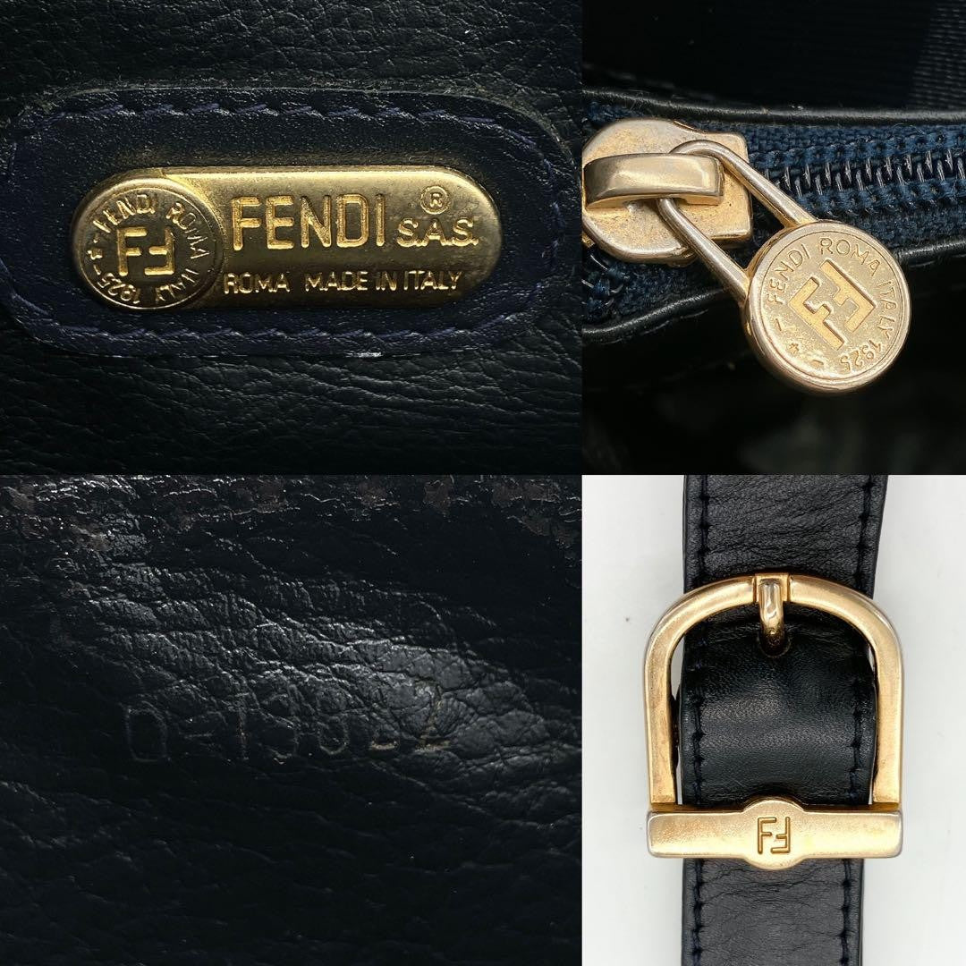 FENDI Shoulder Bag Purse Pecan Nylon Leather Navy Black Authentic