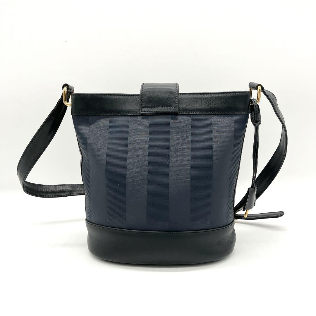 FENDI Shoulder Bag Purse Pecan Nylon Leather Navy Black Authentic