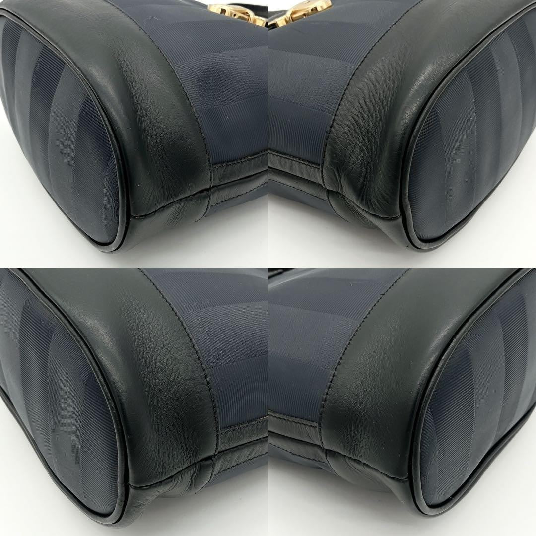 FENDI Shoulder Bag Purse Pecan Nylon Leather Navy Black Authentic