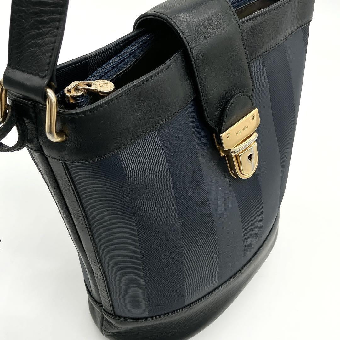 FENDI Shoulder Bag Purse Pecan Nylon Leather Navy Black Authentic