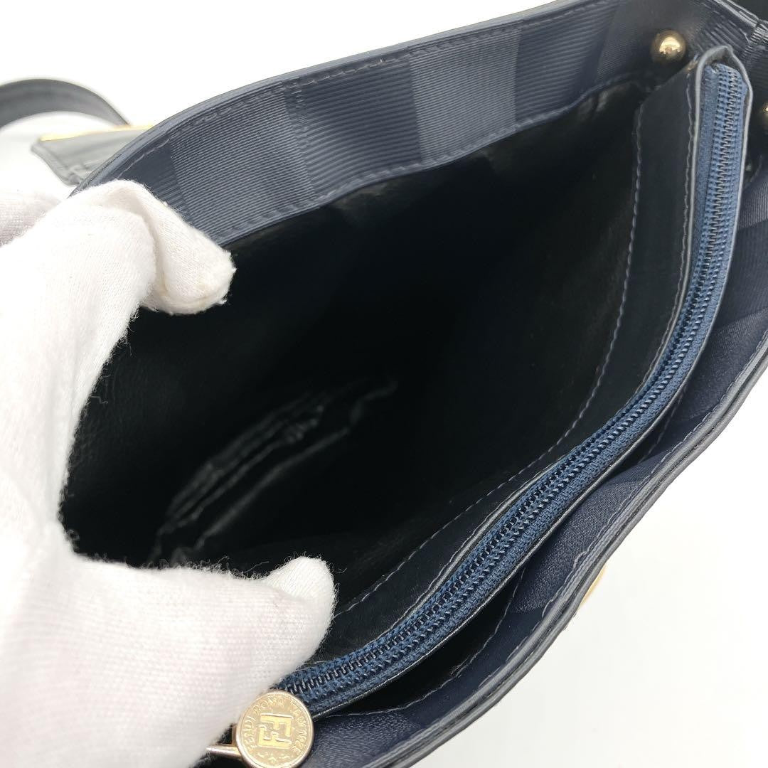 FENDI Shoulder Bag Purse Pecan Nylon Leather Navy Black Authentic