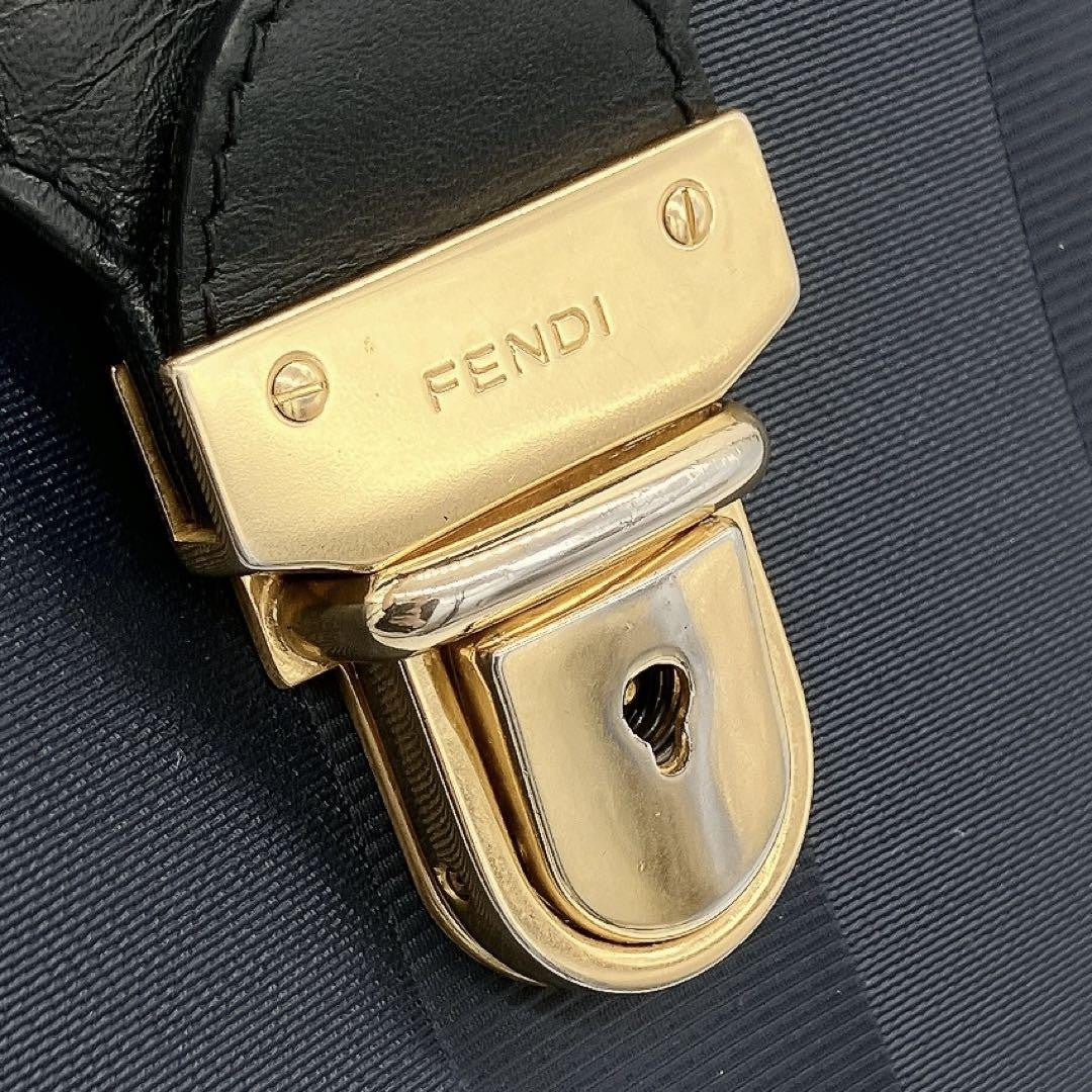 FENDI Shoulder Bag Purse Pecan Nylon Leather Navy Black Authentic