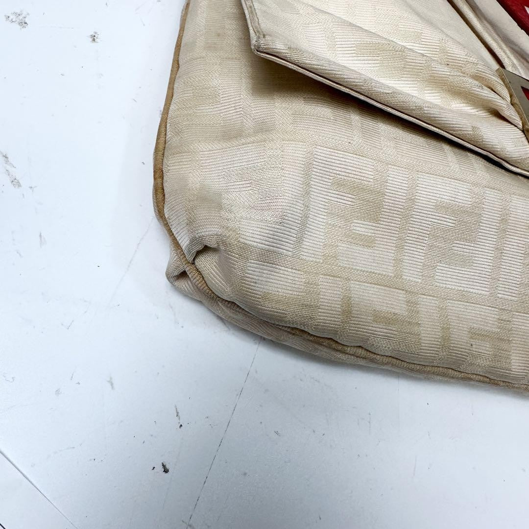FENDI Shoulder Bag Purse FF Zucca Baguette Canvas Beige Off White Authentic