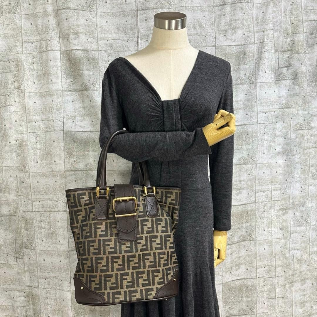 FENDI Hand Bag Tote Purse FF Zucca Canvas Leather Dark Brown Beige Black Auth
