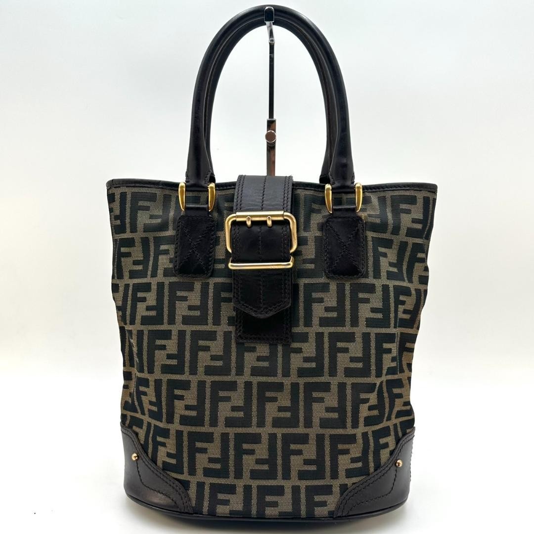 FENDI Hand Bag Tote Purse FF Zucca Canvas Leather Dark Brown Beige Black Auth