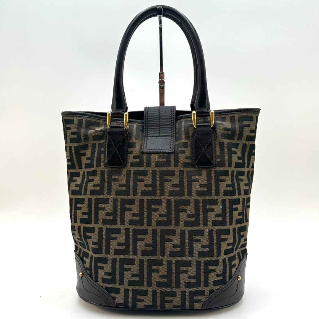 FENDI Hand Bag Tote Purse FF Zucca Canvas Leather Dark Brown Beige Black Auth