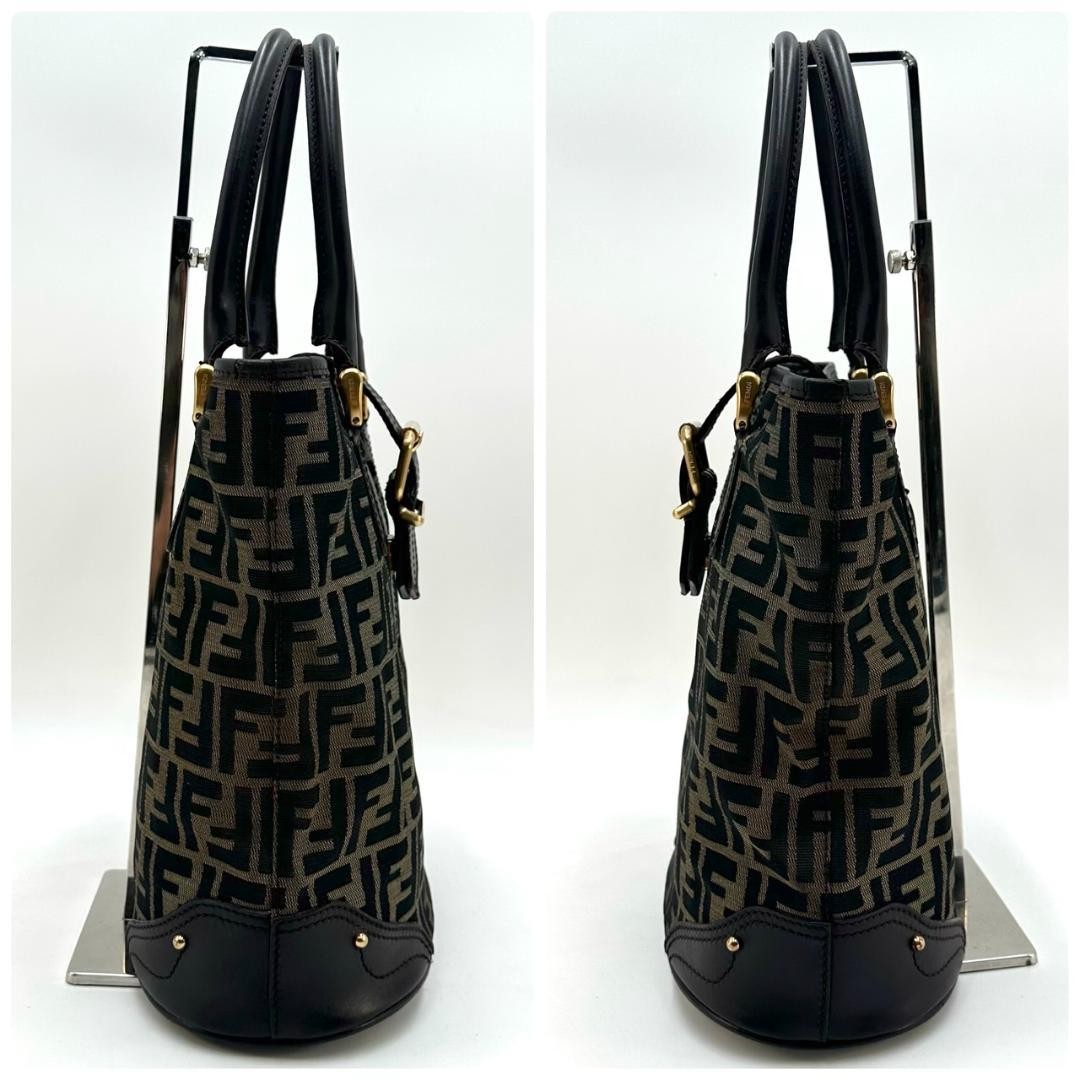 FENDI Hand Bag Tote Purse FF Zucca Canvas Leather Dark Brown Beige Black Auth