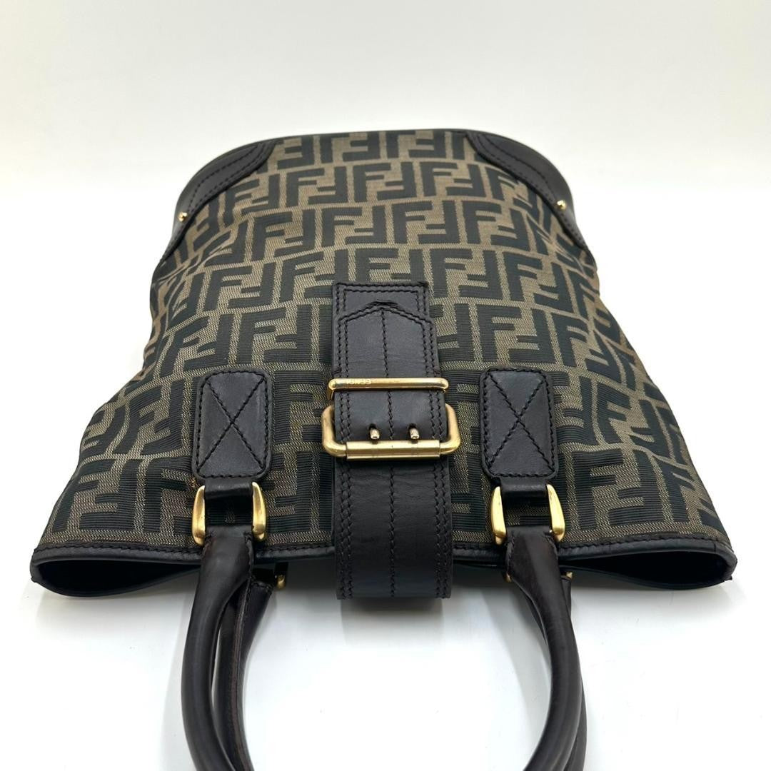 FENDI Hand Bag Tote Purse FF Zucca Canvas Leather Dark Brown Beige Black Auth