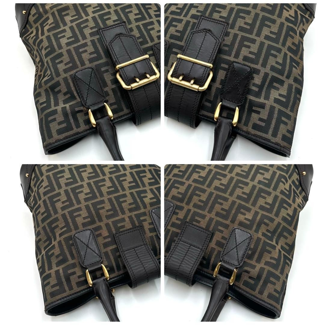 FENDI Hand Bag Tote Purse FF Zucca Canvas Leather Dark Brown Beige Black Auth