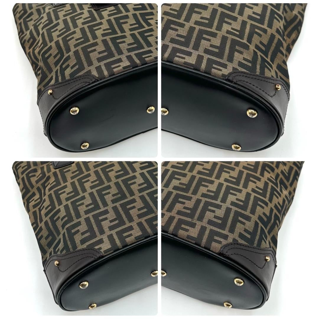 FENDI Hand Bag Tote Purse FF Zucca Canvas Leather Dark Brown Beige Black Auth