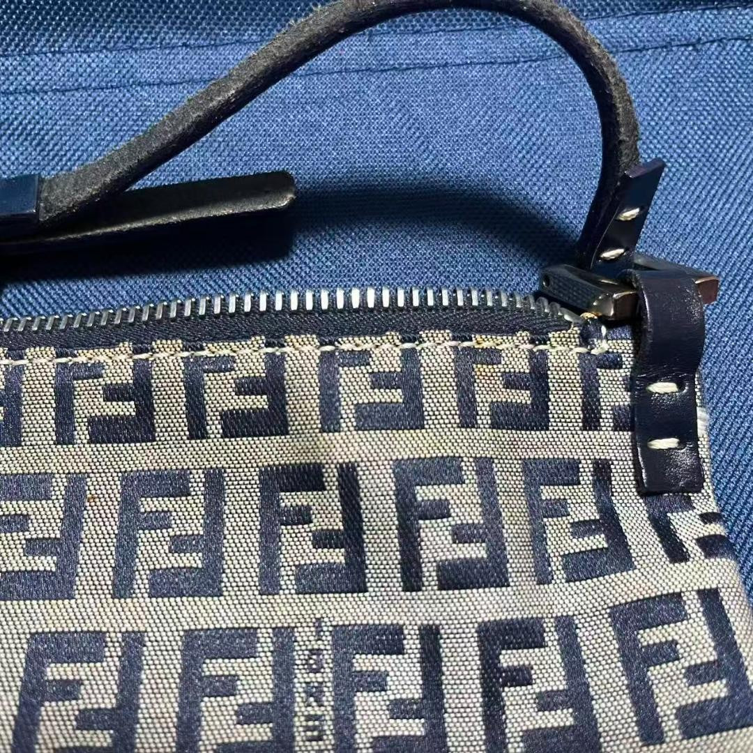FENDI Shoulder Bag Purse FF Zucchino Canvas Beige Navy Authentic