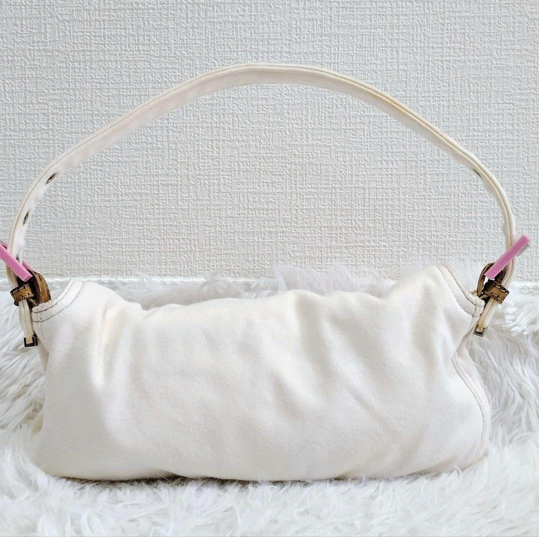 FENDI Shoulder Bag Purse FF Baguette Cotton Off White Pink Authentic
