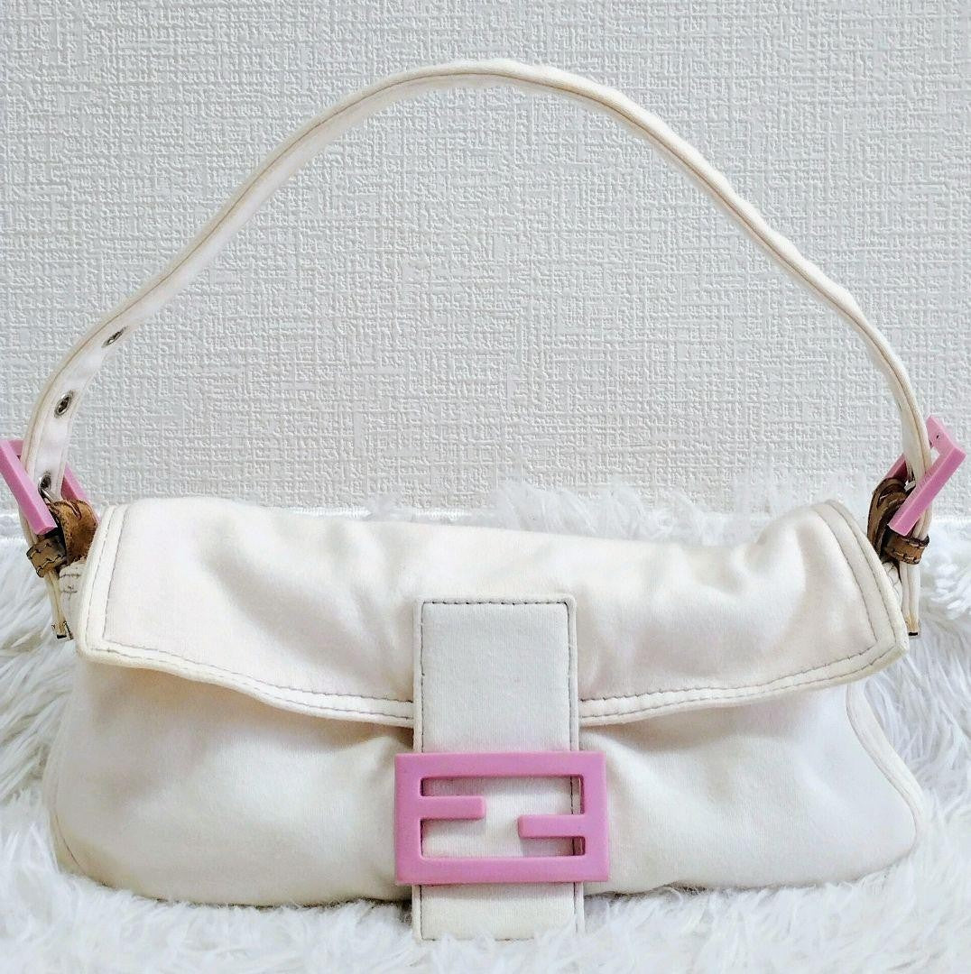 FENDI Shoulder Bag Purse FF Baguette Cotton Off White Pink Authentic