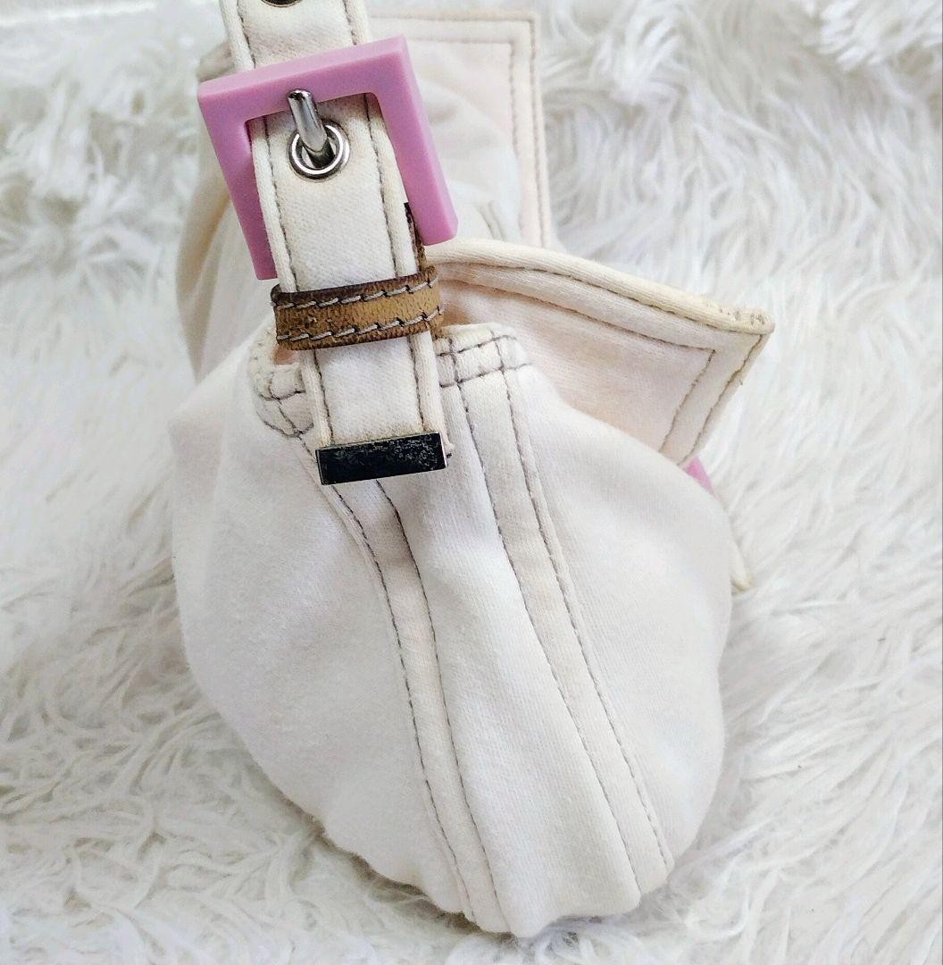 FENDI Shoulder Bag Purse FF Baguette Cotton Off White Pink Authentic